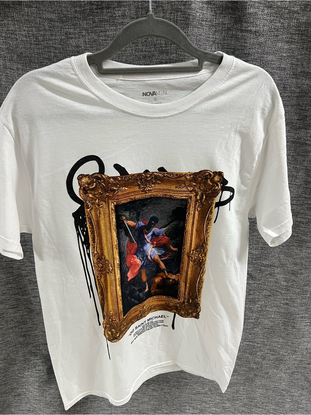 “OG SAINT MICHAEL” White Graphic Short Sleeve Tee with Gold Frame Art